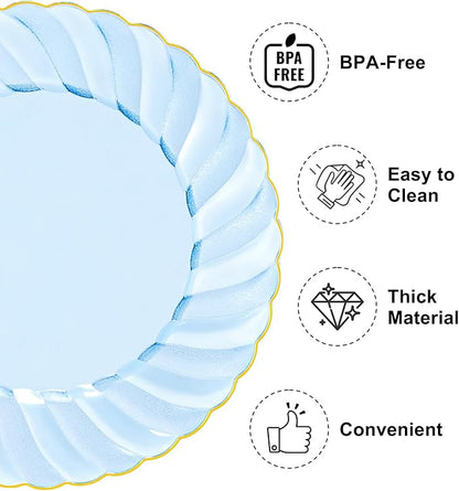 YOUBET 125PCS Clear Blue Gold Plastic Plates