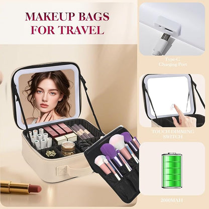 Travel Makeup Bag With LED Mirror,Makeup Travel Train Case with 3 Color Setting,Cosmetic Makeup Organizer Bag with Adjustable Dividers,Portable Make up Bag with Makeup Brush Holder Storage（Beige）
