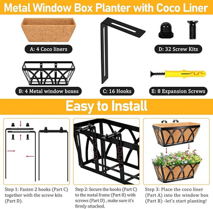 Riare 4 Pack 16 Inch Metal Railing Planter Window Box