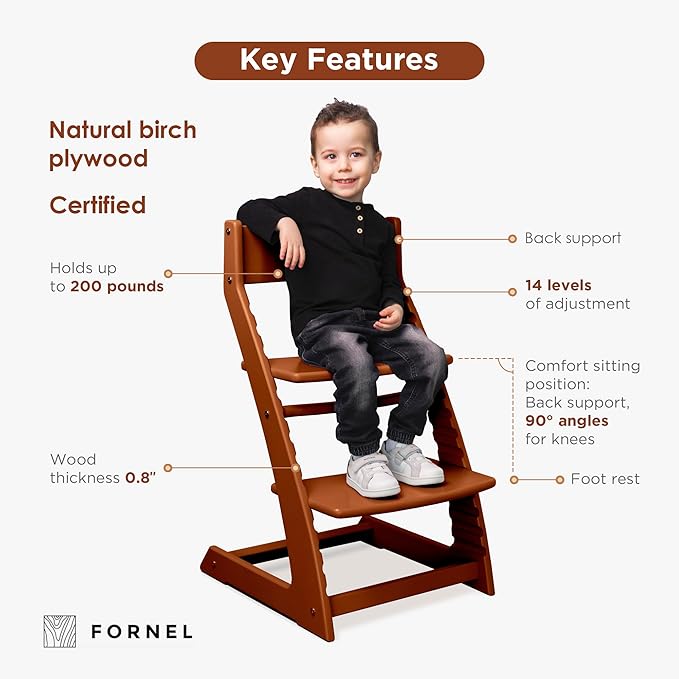 FORNEL Adjustable Wooden High Chair for Babies, Toddlers & Kids | The Grow-with-Me Chair from 6 Months to 200 lbs | Modern, Easy to Clean Dining Chair (Walnut)
