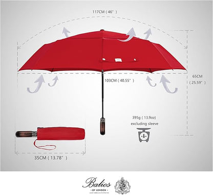 Balios Travel Folding Umbrella with Real Wood Handle Auto Open Close Vented Windproof Canopy - Designed in UK