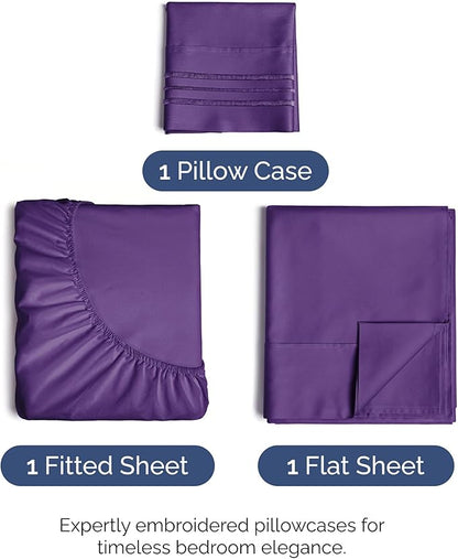 Twin Size 3 Piece Sheet Set - Comfy Breathable & Cooling Bed Sheets Set - Hotel Luxury Bedding for Women, Men, Kids, Teens, Boys & Girls - Deep Pockets, Ultra-Soft, Wrinkle Free - Oeko-Tex - Purple
