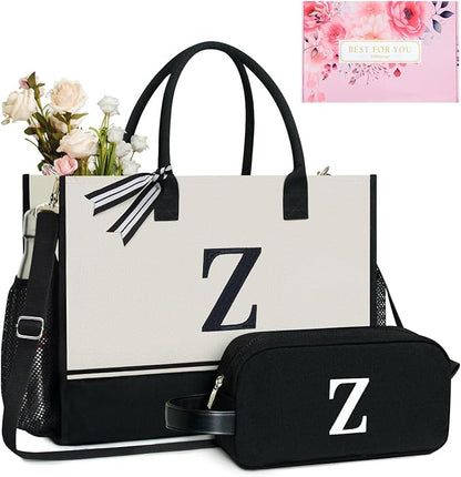 TOPDesign Personalized Initial Canvas Tote Bag, for Wedding, Birthday, Beach, Perfect Gifts for Women, Mom, Teachers, Friends
