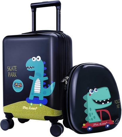 iPlay, iLearn Dinosaur Kids Luggage, Boy Carry on Suitcase, 18" Hardside Travel Luggage Set W/Backpack, Toddler Rolling Luggage W/ 4 Spinner Wheels, Children Holiday Birthday Gift