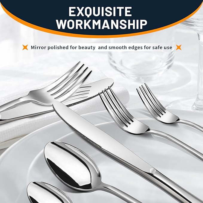 Silverware Set, 40 Piece Stainless Steel Cutlery Sets for 8, Heavy Duty Flatware, Mirror Polished Forks Spoons and Knives Set, Reusable Utensils for Home Kitchen, Dishwasher Safe