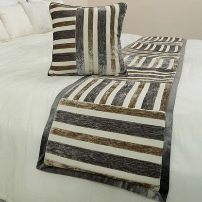 The HomeCentric King/Queen/Twin Beige & Grey Decorative Full 68"x18" Bed Runner Without Pillow Cover, Patchwork Bed Scarf on Velvet Fabric - Striation