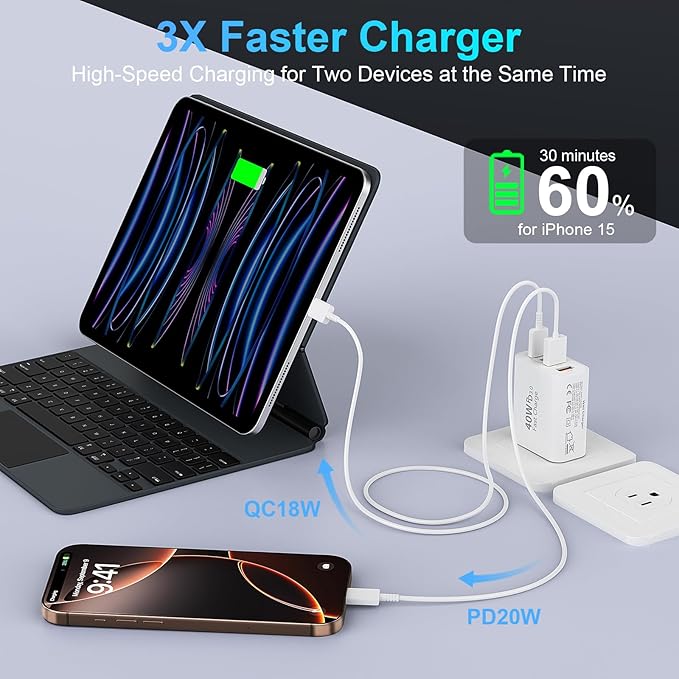 USB C Fast Charger Block, iPhone Charger Fast Charging Blocks 40W Multi Port Charger 4-Ports PD & QC Charging Cube Brick Power Adapter Type C Wall Chargers for iPhone 17/16/15/14/13/12 Pro Max, iPad