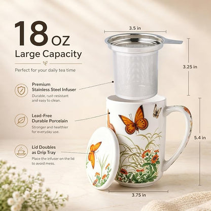 AmorArc Tea Cup With Infuser and Lid, 18oz Loose Leaf Tea Mug With Steeper |