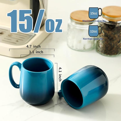 HASENSE 15oz Large Ceramic Mug Set, 4-Piece Blue Ombre Coffee Cups