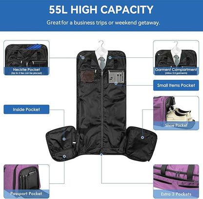 Bukere Carry on Garment Duffle Bag for Travel, Convertible Suit Bag with Backpack Shoulder Straps, Shoe Compartment, Waterproof 3 in 1 Weekender Suit Bag for Men Women