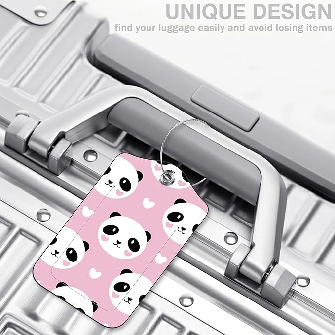 2 Pcs Cute Panda and Heart Luggage Tags for Suitcases PU Leather Baggage Tags Name ID Label with Privacy Cover and Stainless Steel Loop for Men Women Travel Bag Suitcase