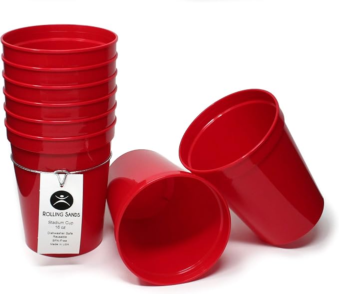 Rolling Sands 16 oz. Reusable Plastic Stadium Cups, 8 Pack, Made in USA
