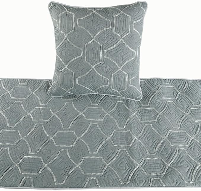 The HomeCentric King Queen Twin Grey Blue Bed Runner Without Pillow Cover, CA King Size 86"x18" Bed Runner Without Pillow Cover, Linen Quilted Embroidery, Modern Contemporary - Atmosphere
