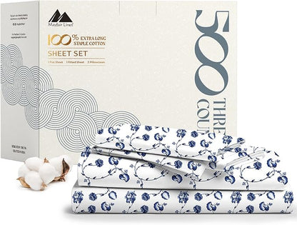 Mayfair Linen 100% Cotton Printed Bed Sheets Twin Size Set - 500 Thread Count Cotton Twin XL Sheets for Dorm Room, 3 PC Set (Floral Blue Print), Soft, Cooling, Sateen Weave 16" Deep Pocket Bedsheet