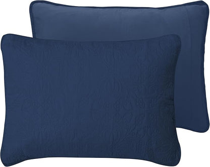 Easy-Going Full/Queen Size Reversible Quilt Set with 1 Quilt and 2 Pillow Shams, Soft Bed Quilt Cover, Water Resistant Lightweight Microfiber Bedspread, Stain Resistant, Damask-Dark Blue/Light Blue
