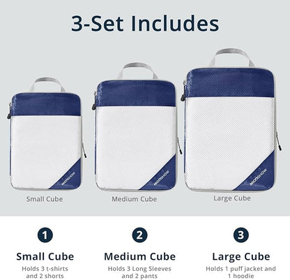 3 Set Compression Packing Cubes for Travel - Compressible, Lightweight, and Space-Saving Packing Cubes, Travel Essentials for Women, Navy