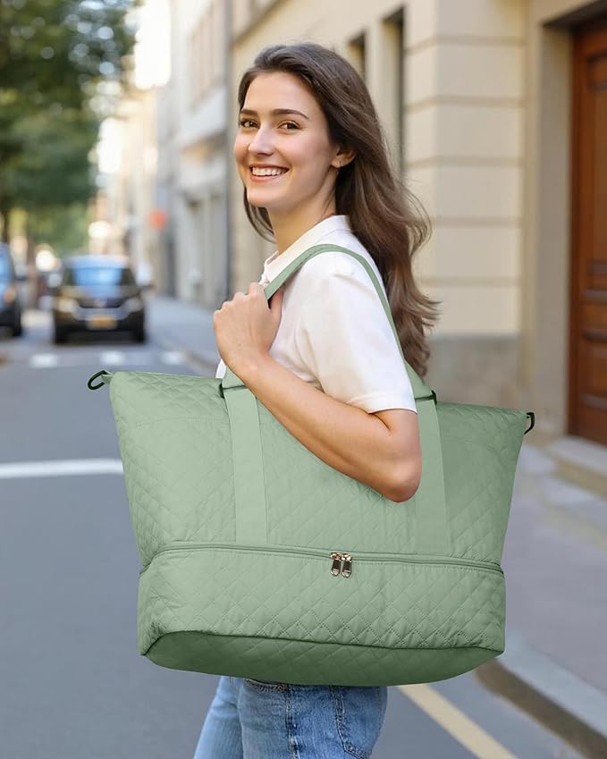 HOTOR Travel Duffel Bag - Weekender Bags for Women, Carry On Overnight Bag with Shoe Compartment, with Toiletry Bag for Travel Essentials and Travel Accessories, Green, 13.4"×17.3"×7.9"