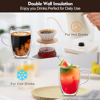 4 Pack 12oz Double Walled Glass Coffee Mugs