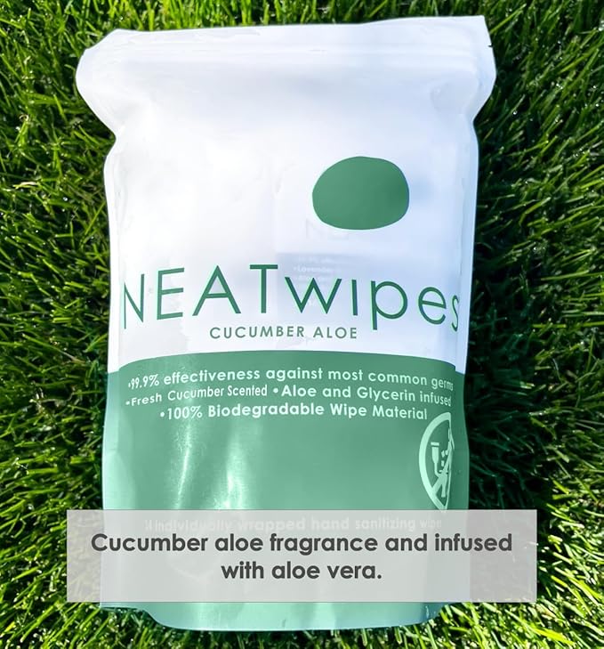 NEATwipes Hand Sanitizing Wipes | Travel Essentials | Disposable Wet Wipe & Planet Friendly | Cucumber Aloe Essential Oil | 10 Pouches of 24 Individually Wrapped Wipes