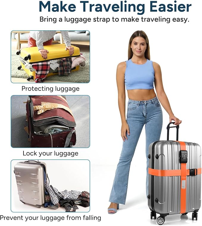 Travel Inspira Luggage Straps for Suitcases Travel Belt for Luggage TSA Approved Luggage Straps, Suitcase Straps 3-Dial Combination Locks Adjustable Suitcase Belt, Quick-Release Buckle (Orange)
