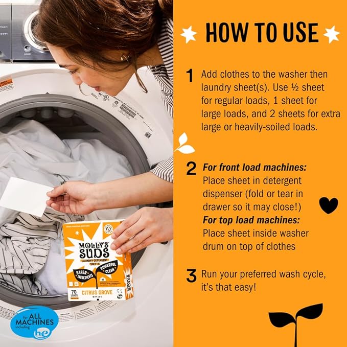 Molly’s Suds Laundry Detergent Sheets | Gentle on Sensitive Skin, Powerful Bio-Based Enzymes, Stain-Fighting | Liquidless & Plastic-Free Packaging | 70 Loads (Citrus Grove)