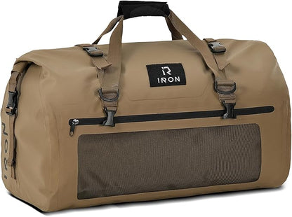 IRON JIA'S Motorcycle Dry Bag - Waterproof Duffle & Luggage Tail Bag Saddle Bags with Roll Top Closure, Shoulder Straps, Inner Pocket and Mesh Pocket (Brown, 50L)
