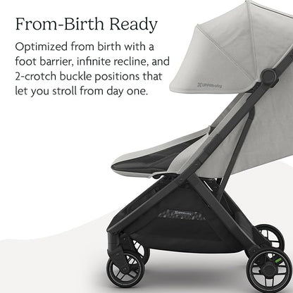 UPPAbaby Minu V3 Travel Stroller | Lightweight + Compact Design | One-Hand Fold + Unfold | from Birth + Overhead Compatible | Savannah (Pearl Gray Mélange/Carbon Frame/Chestnut Leather)