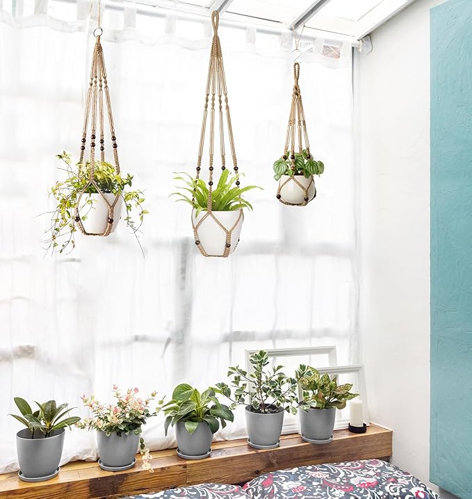 Mkono 3 Pack Macrame Plant Hangers Indoor Different Size Hanging Planter Basket