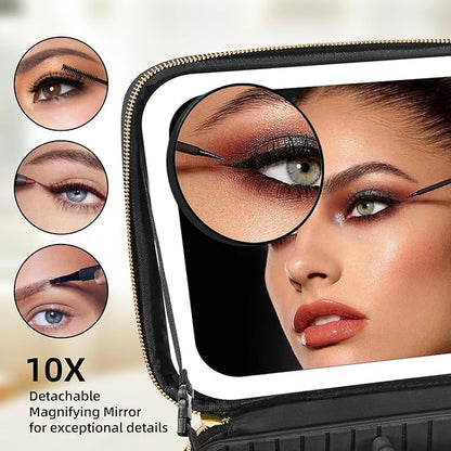 Lighted Travel Makeup Bag - 3 Colors, Mirror, 2-Layer Organizer with 10X Magnifying Mirror - Portable Cosmetic Case with Adjustable Dividers (Black)