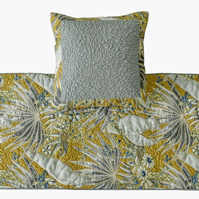 The HomeCentric King/Queen/Twin Grey & Yellow Decorative King 90"x18" Bed Runner Without Pillow Cover, Cockatoo Bird & Quilted Bed Scarf on Cotton Fabric - Cockatoo Love