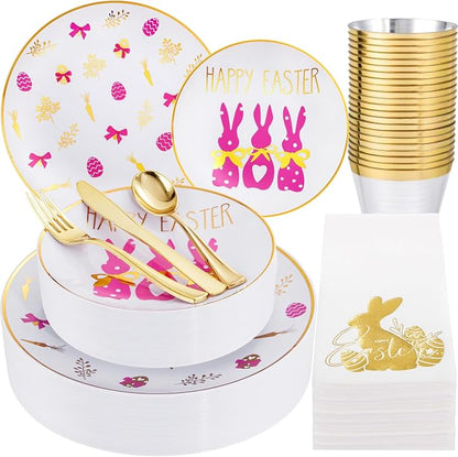 175 Pcs Easter Plates for Party | Bunny Design Disposable Dinnerware Set.