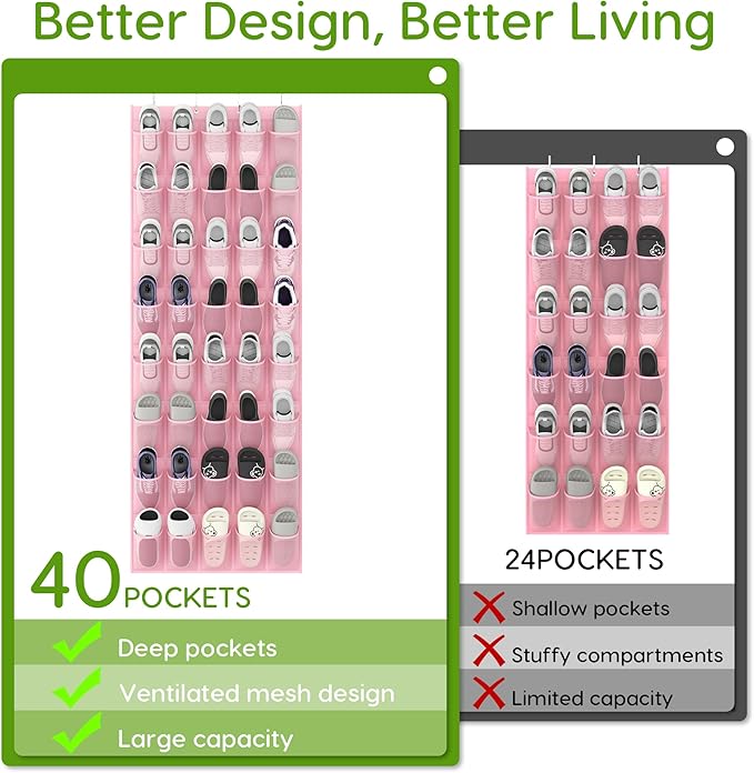Unjumbly Over the Door Shoe Organizer with 40 Large Breathable Mesh Pockets, Space Saving Shoe Holder, Hanging Shoe Rack for Entryway Bedroom Closet Storage (Pink, 40 Pockets)