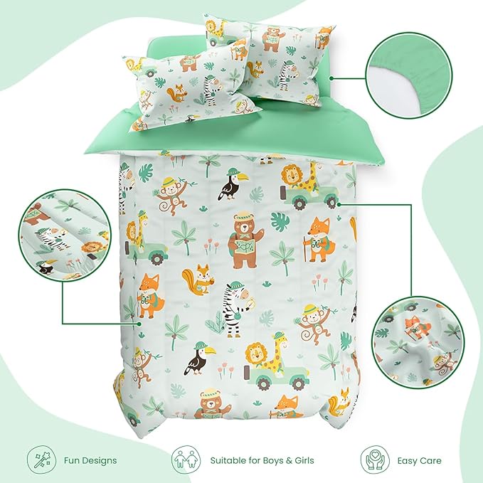SANDJEST Jungle Animal Comforter Set Twin Size 68x86in for Kids Boys, Microfiber 3 Pcs Bedding Set Includes 1 Comforter, 1 Pillowcase, 1 Fitted Sheet, Nursery Room Decor