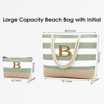 Becokan Beach Bag Initial Beach Tote with Makeup Bag for Travel Work Storage Personalized Birthday Gifts for Women Her