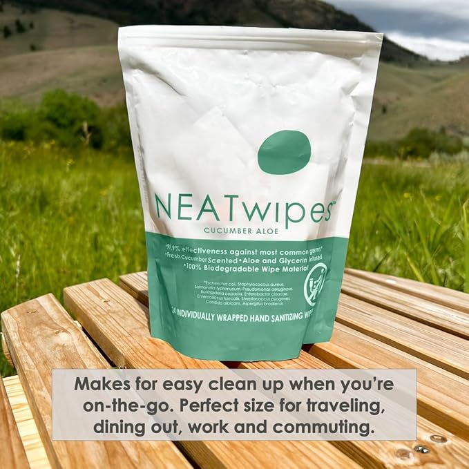 NEATwipes Hand Sanitizing Wipes | Travel Essentials | Disposable Wet Wipe & Planet Friendly | Cucumber Aloe Essential Oil | 10 Pouches of 24 Individually Wrapped Wipes