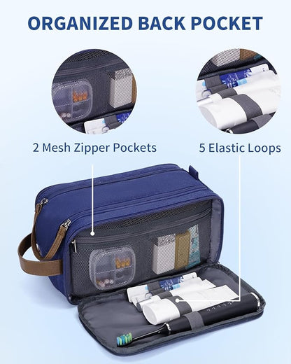 WANDF Toiletry Bag for Men Travel Toiletry Organizer Canvas and Leather Dopp Kit Water-Resistant Shaving Bag for Travel Accessories (Blue, Large)