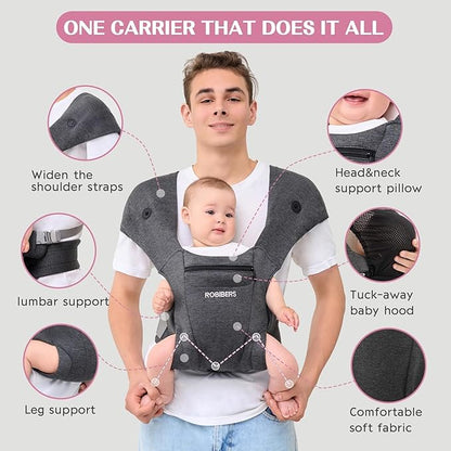 Newly Upgraded Baby Carrier Newborn to Toddler - Infant Carrier for Babies 0-36 Months, Ergonomic and Cozy Carrier with Soft Fabrics for Face-in and Face-Out Front, Dark Gray