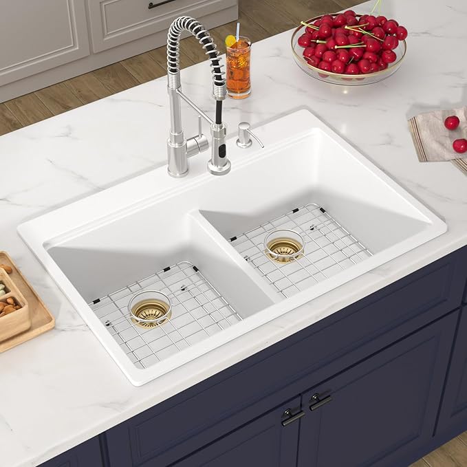 33 Inch Quartz Drop In White Kitchen Sink-Donsdey Double Bowl Topmount Granite Composite Workstation Sinks Double Basin Large Bowl Hard and Durable Noise Reduction Luxury Accessories