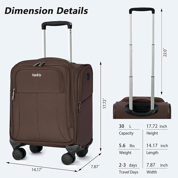 16 Inch Underseat Carry On Luggage with Wheels Softside Small Suitcases Personal Item Bag with Pocket Travel Luggage for Men Women Business Overnight Bag(Coffee)