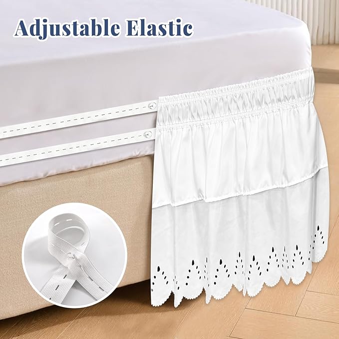 Full Bed Skirt, Double-Layered Ruffled Eyelet Bed Skirt, Wrap-Around Elastic Dust Ruffle Full Size with Gathered Styling and Embroidered Details, 18" Drop Length (White)