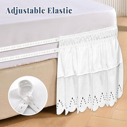 King Bed Skirt, Double-Layered Ruffled Eyelet Bed Skirt, Wrap-Around Elastic Dust Ruffle King Size with Gathered Styling and Embroidered Details, 18" Drop Length (White)