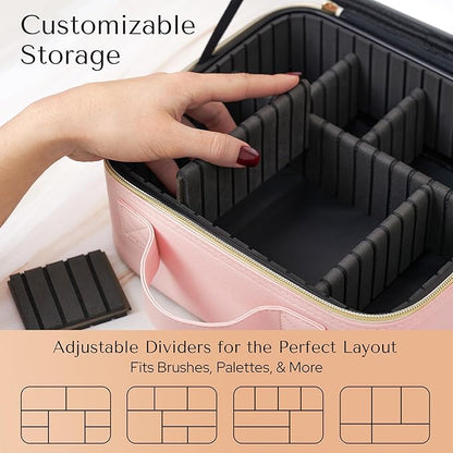 Makeup Bag with LED Mirror – Travel Cosmetic Organizer with Lighted Mirror, Adjustable Dividers & Brush Holder Storage – Portable PU Leather Makeup Case for Women & Girls - Pink