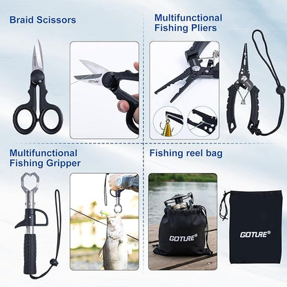 Goture Fishing Rod and Reel Combo - Carbon Fiber Telescopic Fishing Pole - Spinning Reel 9+1 Shielded Bearings Stainless Steel BB - E