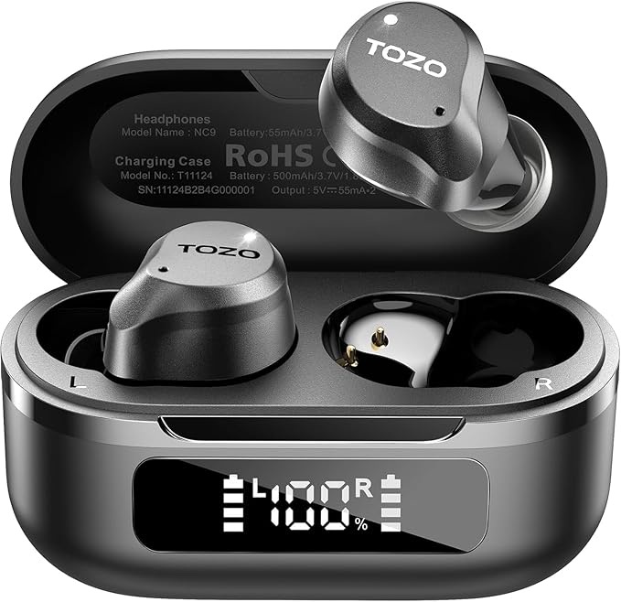 TOZO NC9 Hybrid Active Noise Cancelling Wireless Earbuds, 6 Mics ENC Clear Call, IPX8 Waterproof, in Ear Bluetooth 5.3 Headphones Stereo Bass Ear Buds 59H Playtime with LED Display 32 EQs via APP