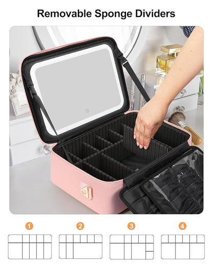 Relavel Makeup Bag with LED Mirror, 16.2 inches Large Professional Makeup Case for Makeup Artists, Travel Portable Cosmetic Organizer Storage Box, Vanity Case with 3 Colors Lighted Mirror, Pink