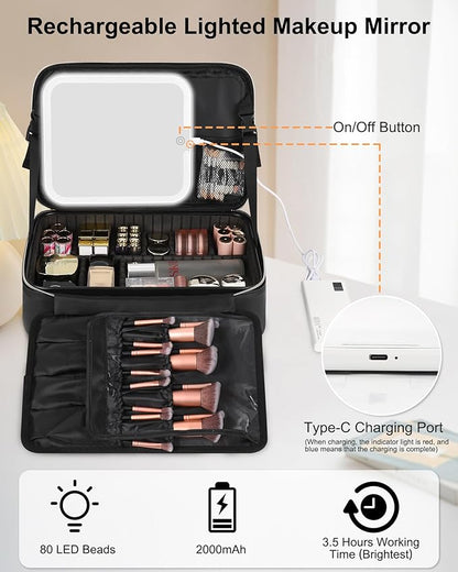 Relavel Makeup Bag with LED Mirror Travel Train Case Large Cosmetic Bags Organizer with Lighted Up Mirror with 3 Color Lights, Adjustable Brightness, Adjustable Dividers and Shoulder Strap (Black)