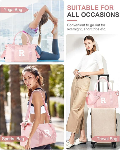 Initial Travel Duffel Bag Sports Gym Bag for Girls Teen Birthday Gifts,Pink Personalized Weekender Bag Carry On Tote Bags for Women Men,Waterproof Overnight Luggage Bag with Trolley Sleeve(Letter R)