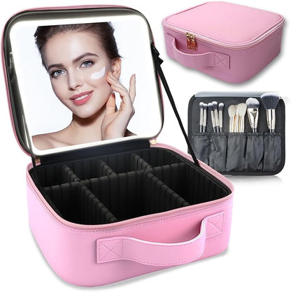 Makeup Bag with Led Mirror,Travel Makeup Organizer with 3 Color Setting, Portable Storage and Adjustable Dividers Travel Makeup Bag(Light Pink)