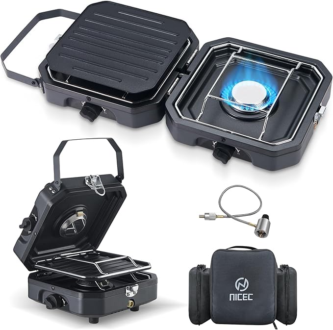 Nice C Camping Stove, Camping Stove Propane, 2 Burner Propane Camping Stove with Grill, Camp Stove, Portable Stove, 16,000 BTU Camp Stove with 2 Burner, Grill & Carry Bag for Camping