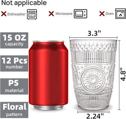 Pumtus 12 Pack Clear Plastic Tumblers, 15 OZ Reusable Romantic Drinking Cup